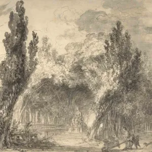 Drawing of a park with trees and sculpture features.
