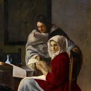 A man giving a woman a music lesson, with woman looking at the viewer