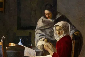 A man giving a woman a music lesson, with woman looking at the viewer