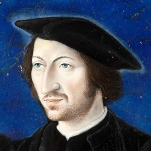 detail of a man looking to the right with blue background