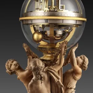 three women dancing and holding up a spherical clock