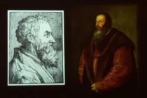 illustration of bearded man on left with painting of bearded man on right