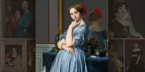 a woman in a blue dress leaning front of a mirror