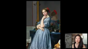 video still of woman talking and oil painting of young woman in blue dress
