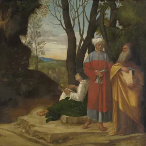 oil painting depicting two men standing, one man seated on ground 