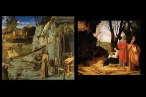 comparison of 2 paintings: a man in a desert vs. 3 people in a landscape