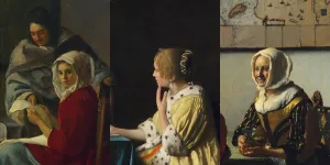 three paintings with a focus crop on women