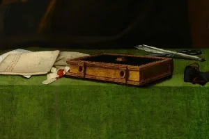 detail of painting including book on green table cover