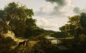 landscape painting by Ruisdael with trees and a river showing a horse and people in the foreground