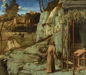 Oil painting of St. Francis in a landscape. 