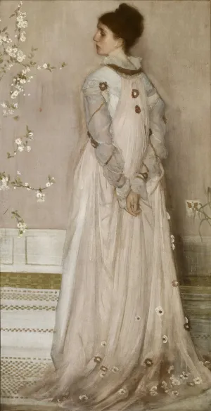 Full-length portrait of woman with her back turned and hands clasped behind her back, showing profile of face.  Colors are pale pink with ivory and gold accents.