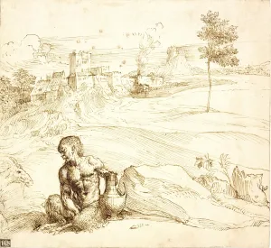 brown ink drawing of seated satyr with urn encountering a goat