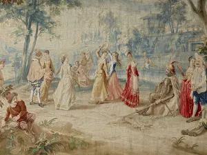 detail of tapestry depicting guests at a wedding in 18th century dress dancing outdoors.