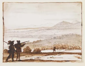 drawing of three men wearing hats walking in a landscape of trees and and rolling hills