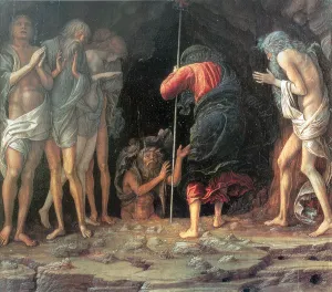painting depicting women and men standing near cave opening draped in cloths as one man descends into the dark opening.
