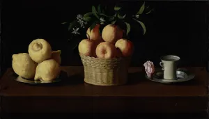 oil painting of lemons, oranges, and cup on a table against black background