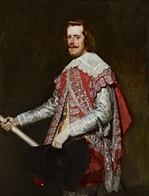 Oil painting of a man in red coat, holding a white stick and black hat.