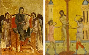 two oil paintings, on left depicting the Virgin seated holding child Jesus with two angels standing, and on right, Jesus being flagellated by two men, circa 1200s
