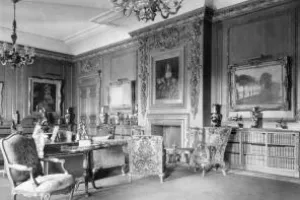 Black and white photograph of the Library at the Frick residence in 1927.
