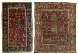 Two red carpets with gold floral patterns