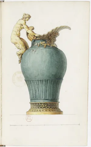 sketch of blue pitcher with woman figure as handle
