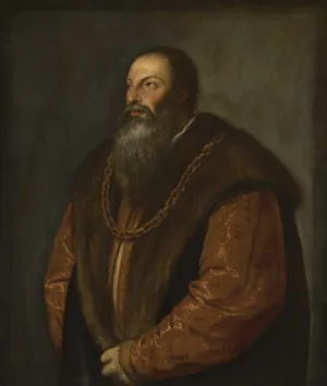 Painting of a half-length bearded man wearing a fur-lined jacket and a gold chain looking up and to the left