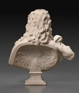 reverse of bust of young boy with long tendrils, wearing buttoned coat and long collared shirt blouse