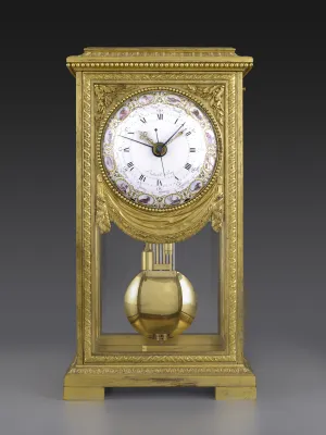 gilt-bronze and enamel mantel regulator clock showing mean and solar time, with pendulum and depicting astrological symbols on face