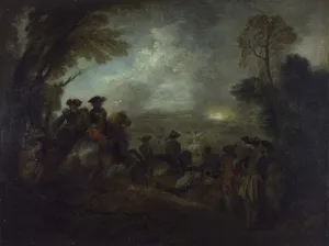 oil painting of standing soldiers and cavaliers seen from behind in landscape at night