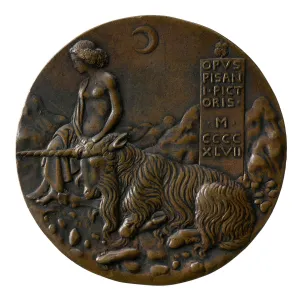 Bronze medal depicting a recumbent unicorn resting with his head in the lap of a seated woman who is
