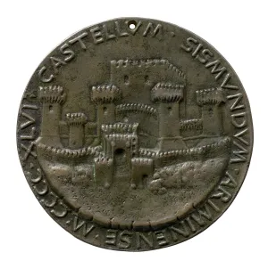 Bronze medal depicting a fortified castle with crenelated walls and a number of turrets