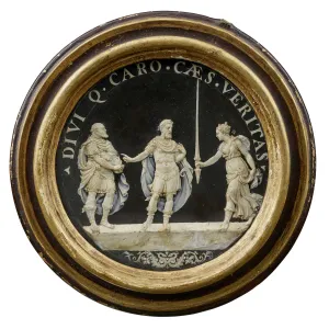 White wax model, on a black background, for a medal depicting three figures. On the left stands a bearded man wearing armor, looking to the right at the central figure who wears armor and points to the left with his right hand but looks right at a woman walks towards him from the right holding a lance and wearing a long loose dress. The model is surrounded by a wood frame