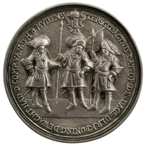 Silver medal of the captain Bernard Muikens, his lieutenant John Althusius, and his ensign Sylvester Van Tongeren of the City Guard of Amsterdam holding lances and a banner. Above, the arms of Amsterdam