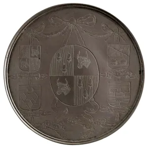 Silver medal of five coats of arms suspended from ribbons 