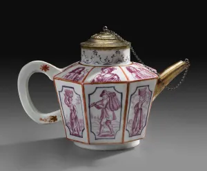 porcelain teapot with gilt metal lid and spout, decorated with scenes in mauve