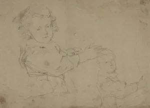 two black chalk sketches of young boy with arm outstretched 
