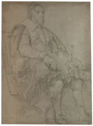 black and white chalk sketch of man seated with drapery-like clothing and holding stick and paper 