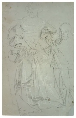 black and white chalk drawing of woman in dress, holding hand of young boy at her side