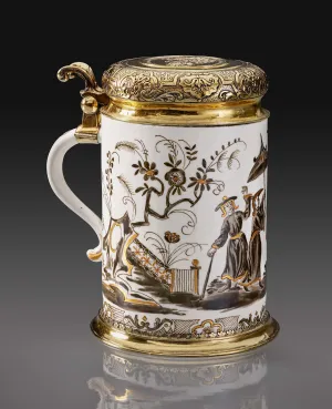 porcelain tankard with silver gilt lid and bottom, and illustrated scene with two figures
