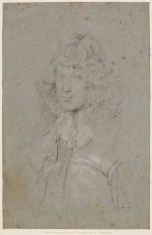 black and white chalk sketch of man with curly hair and collar ruffle