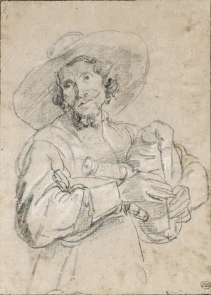 black and white chalk drawing of man wearing hat with musette, bag pipe like instrument