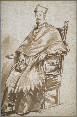 brown ink drawing of seated clergyman in headpiece and robe, circa 1623
