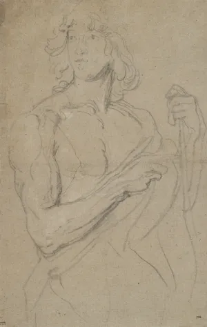 black chalk sketch of half nude male with cloak about him and shoulder length hair