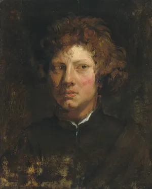 painting of male youth looking to the side, with red curly hair, wearing black