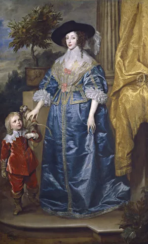 painting of woman in lavish blue dress, and black hat, with small person and monkey,  next to gold curtain and crown