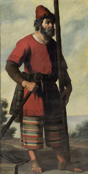 oil painting of man holding large stick or boe