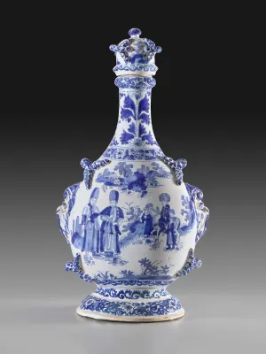 One side of an earthenware gourd-shaped vessel with a scene of two figures in large hats in the foreground and a man on horseback in the background