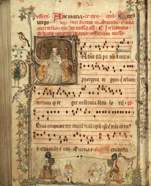 sheet music and lyrics of hymn, illustrated with words and various scenes