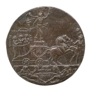 Reverse side of a bronze medal depicting a chariot.