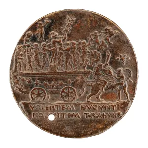 Reverse side of a bronze medal depicting a chariot.